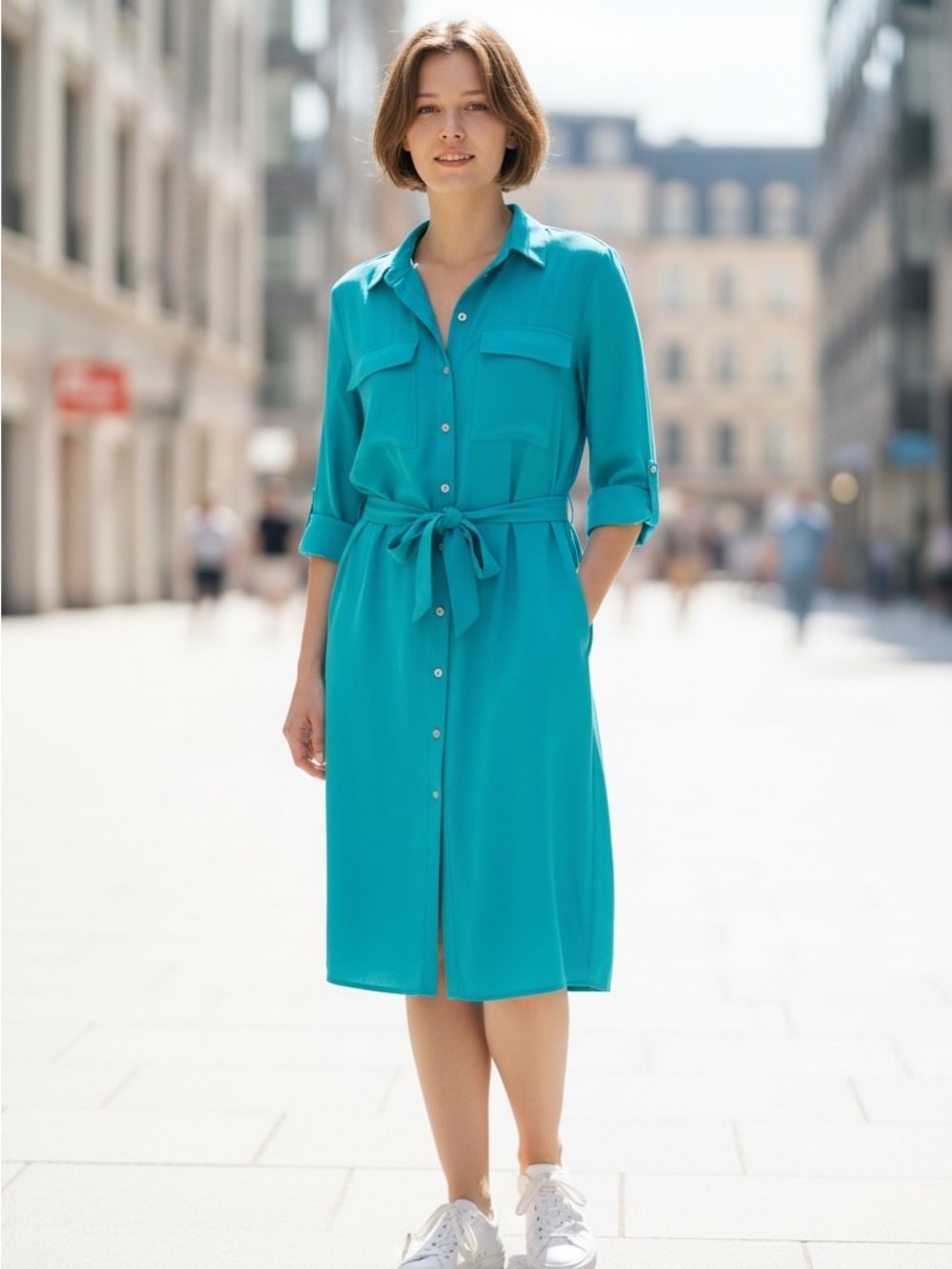 Alisha & Chloe Button-Front Tie-Waist Dress in Teal size 1X